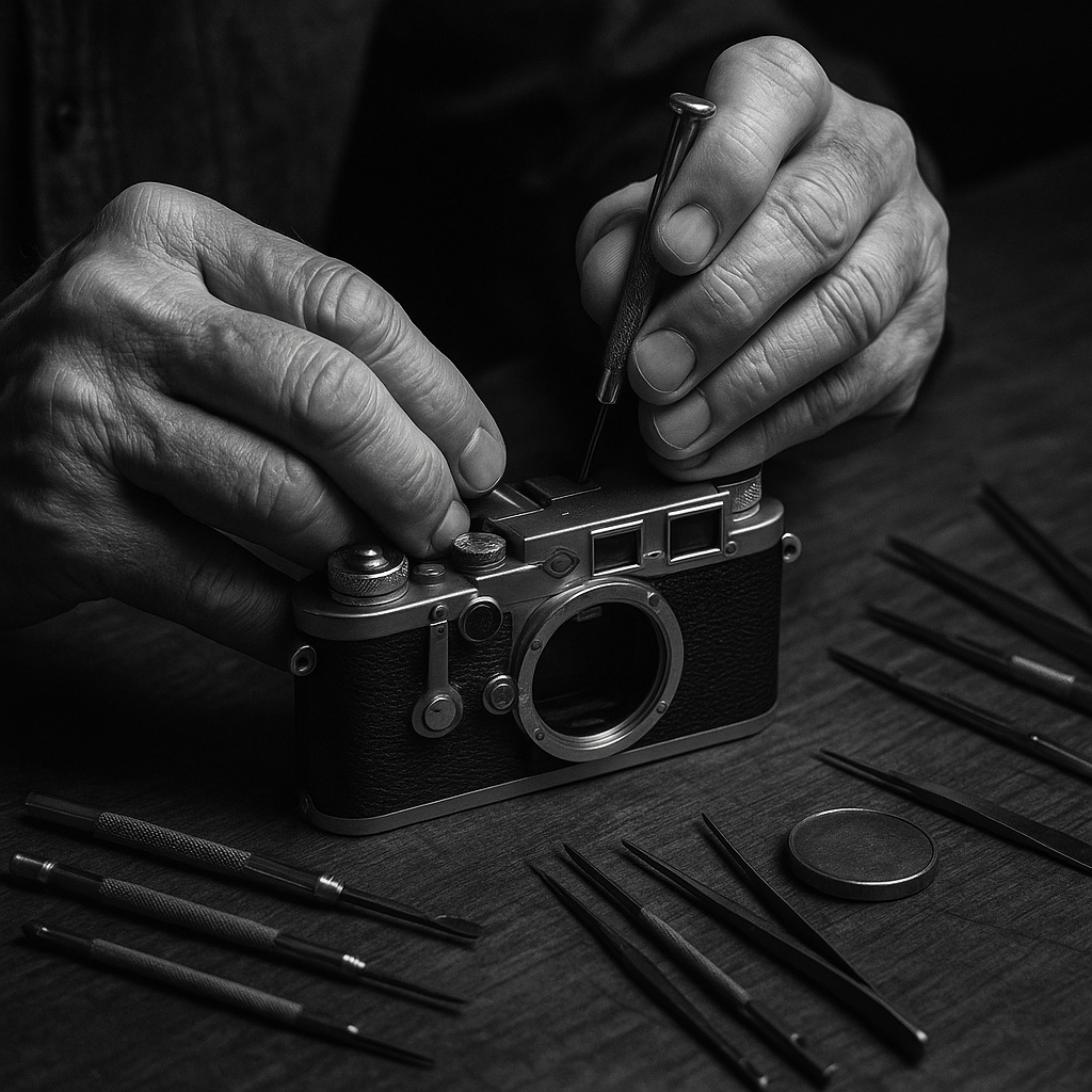 Vintage camera restoration workshop with expert craftsman