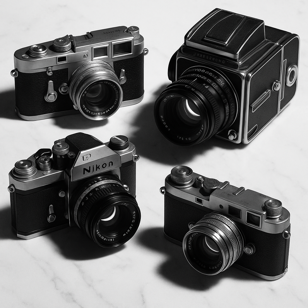 Vintage camera collection featuring classic film cameras